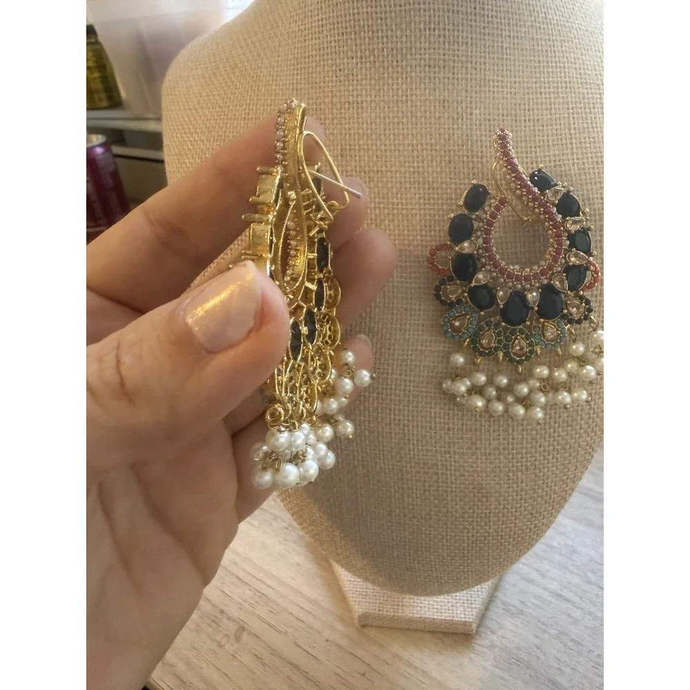 Black And Multicolor Turkish Statement Earrings Gold‎ Tone Pierced Double Lock